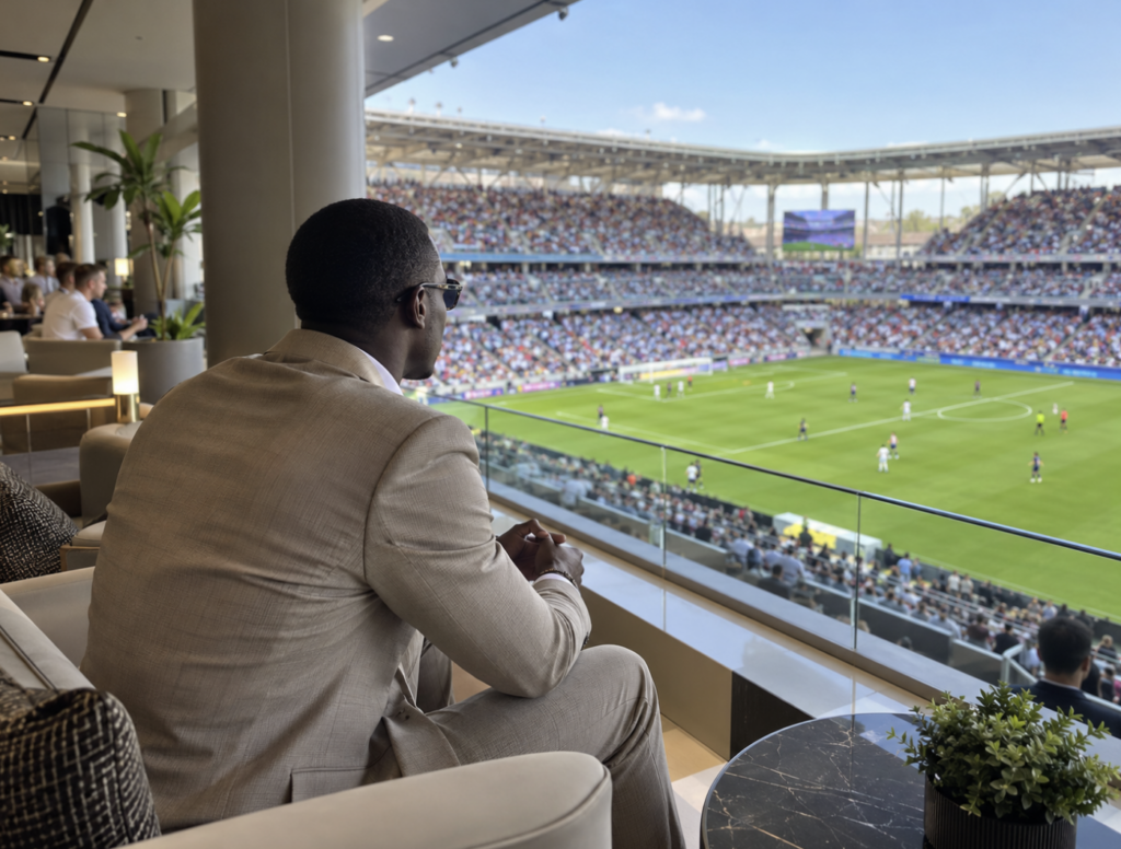Man in a stadium suite watching a football match from above.
